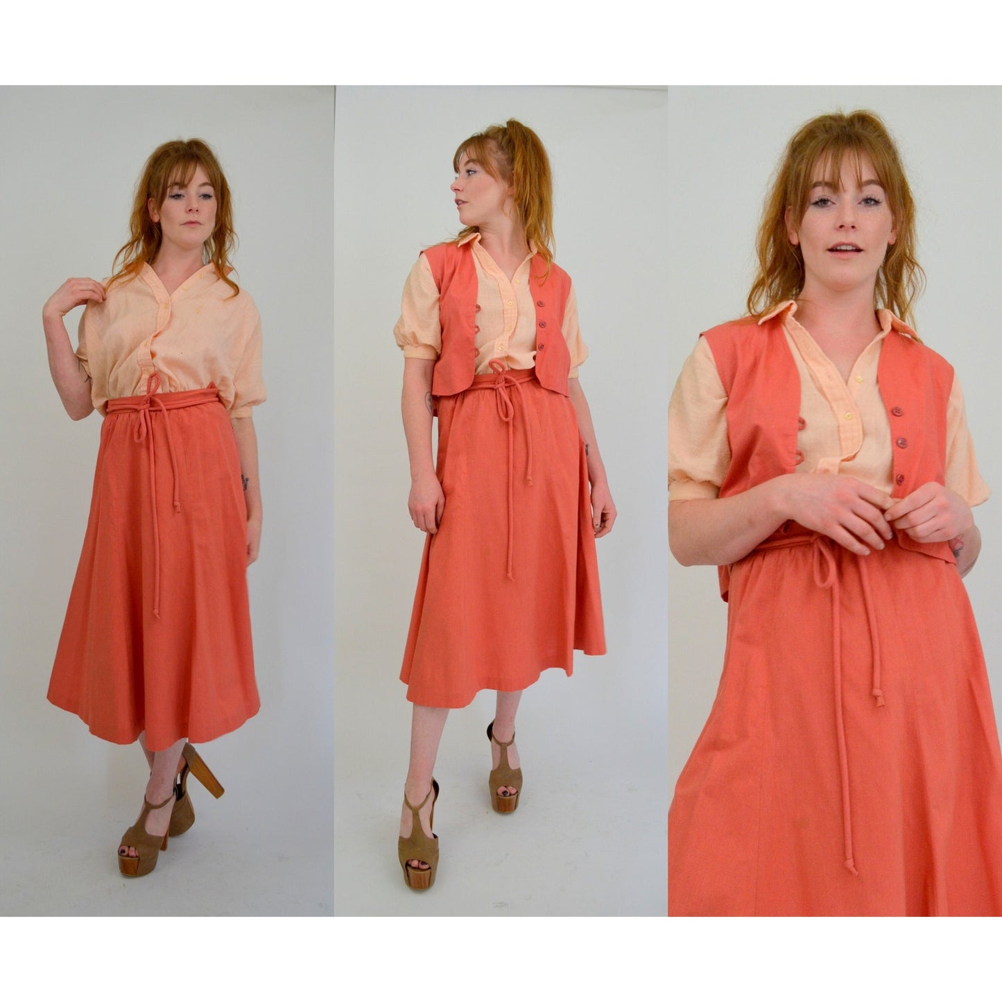 1960s Small 3-Piece Set Skirt Vest and Blouse - Vintage Puff Sleeve Blouse with Cropped Button-up Vest and Paperbag Waist Skirt Dress Set