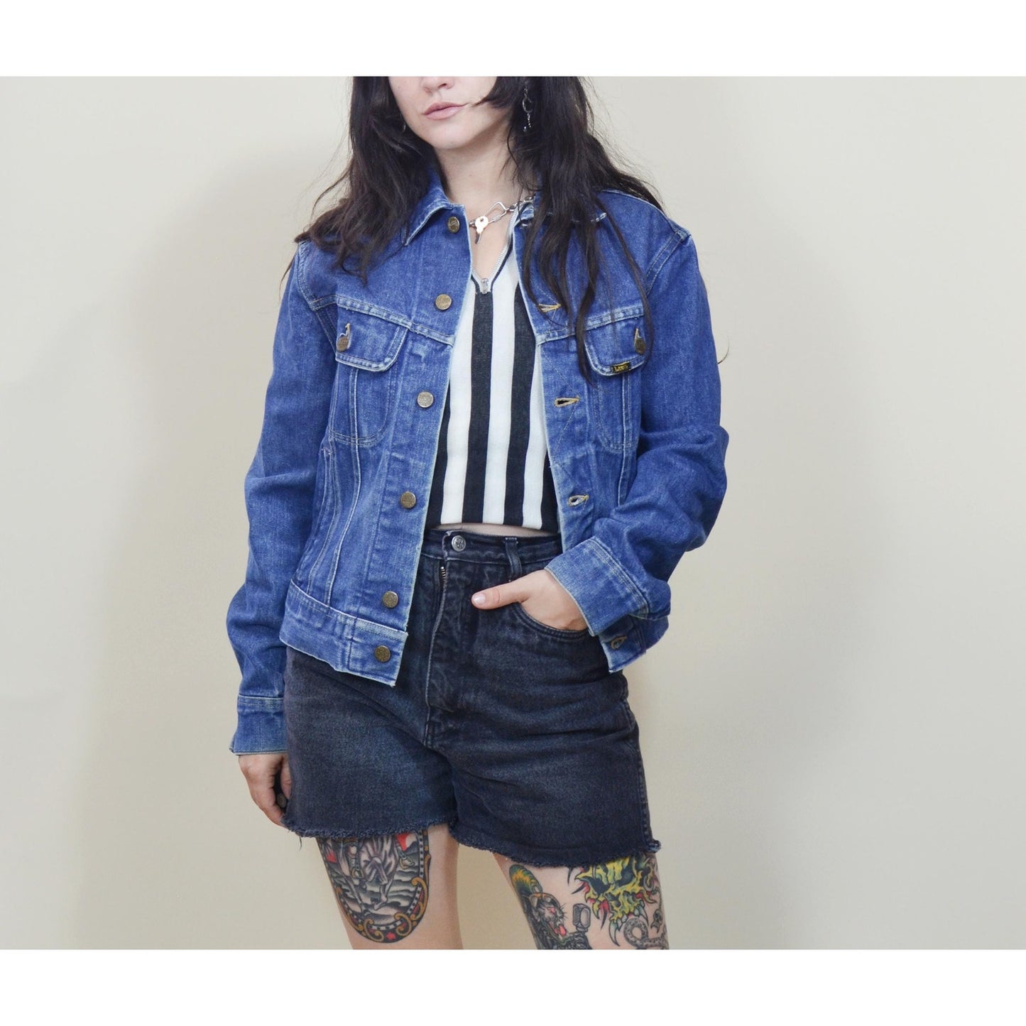 1970s Small LEE Jean Jacket - Vintage Button Down Dark Denim Coat