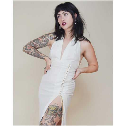 1970s XS FREDERICK'S of HOLLYWOOD Halter Dress – Vintage White Cocktai Dress Deep V Neckline