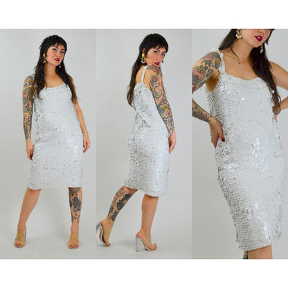 1960s Medium GENE SHELLY Sequin Dress – Vintage White Wiggle Hourglass Cocktail Dress