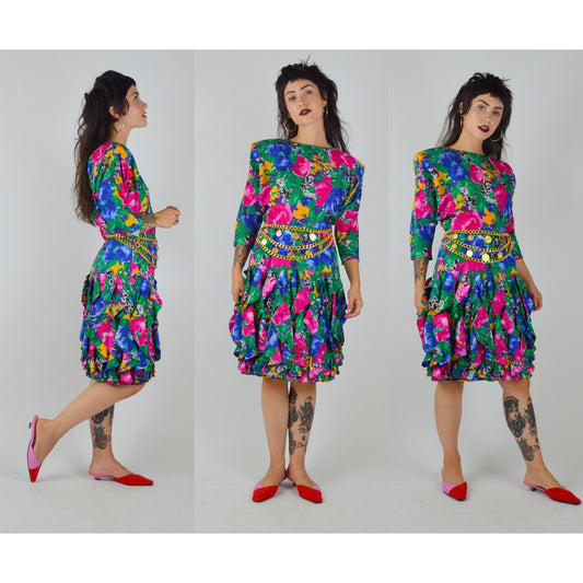 1990s Small Floral Dress – Vintage Preppy Drop Waist Ruffle Skirt Multicolor Green Bold Abstract Floral Pattern Shoulder Pads Midi Dress