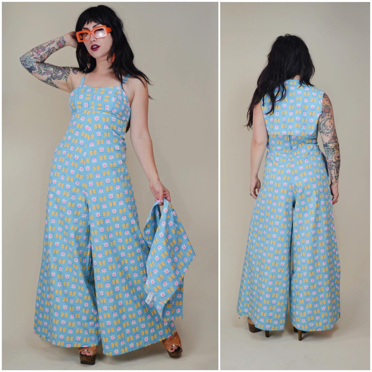 1960s Medium Jumpsuit Set - Vintage Baby Blue Ditsy Floral Cotton Wide Leg Pants with Matching Cropped Vest