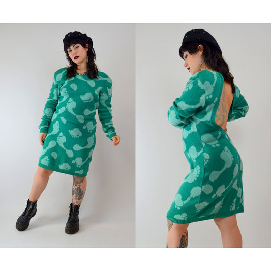 1980 XL BETSEY JOHNSON Sweater Dress – Vintage Punk Label Knit Foot Print Knee-Length Dress