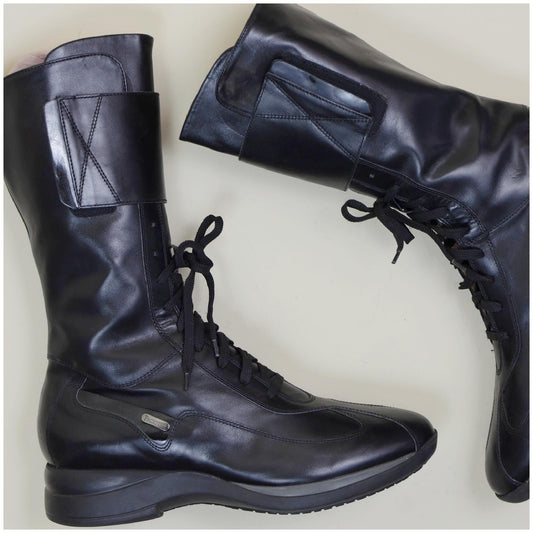 2000s 9 CEASAR PACIOTTI Tall Boots – Vintage Matrix Y2K Lace-up Black Leather Ankle Boots