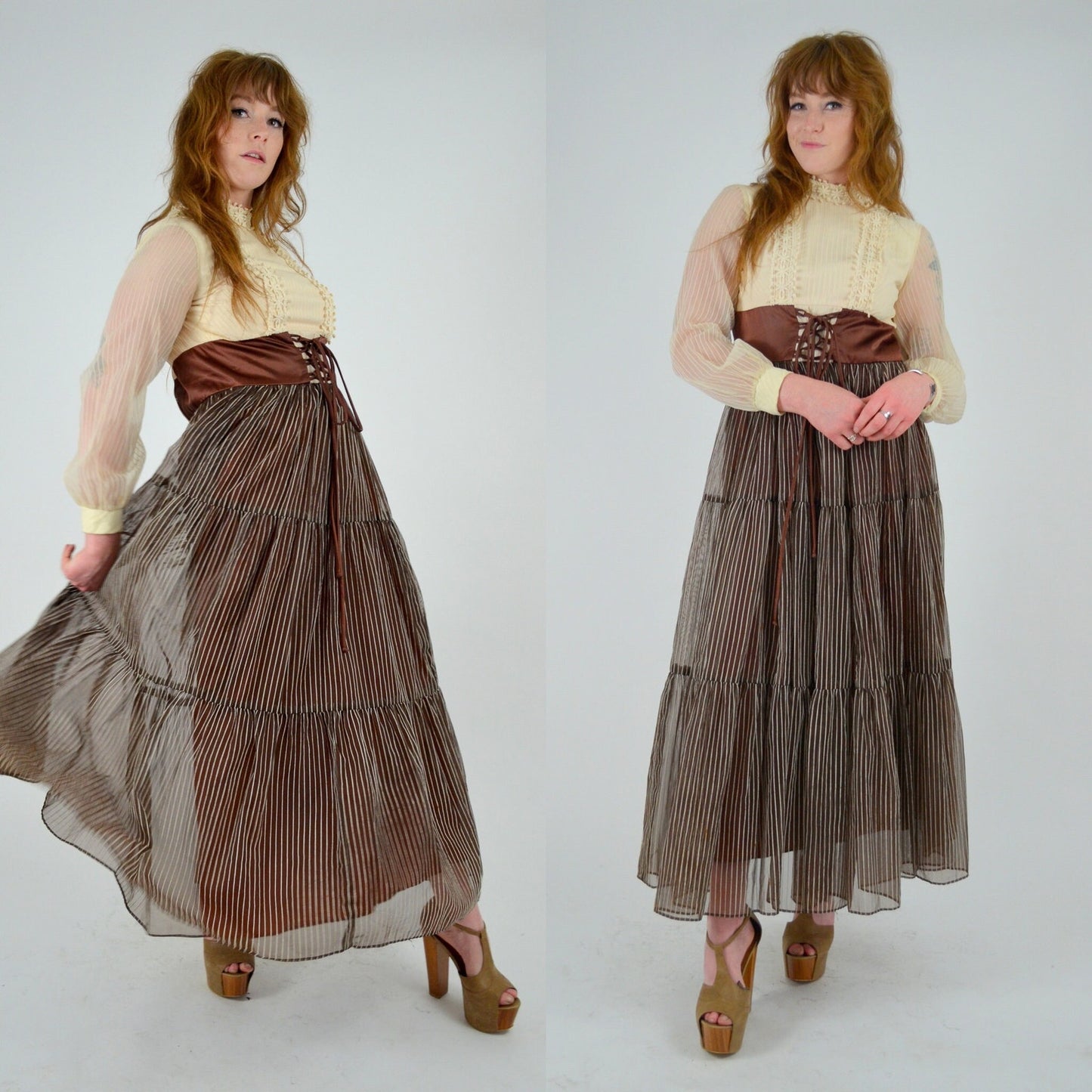 1960s XS Maxi Dress – Vintage Boho Hippie Butter Yellow Lace Bodice with Brown Striped Tiered Maxi Skirt + Laceup Brown Belt