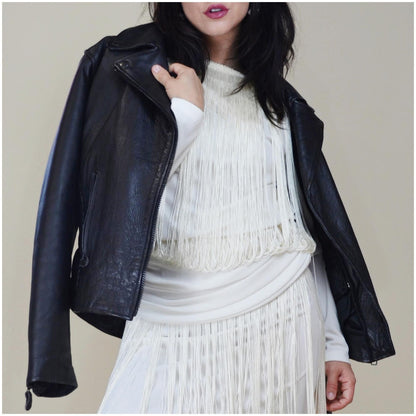 1990s Large Motorcycle Jacket – Vintage Zipper Daggar Collar Black Leather Moto Jacket