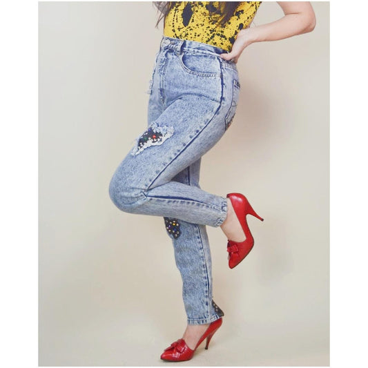 1980s 26 Waist Jeans – Vintage Acid Wash Studded High Waist Denim Rocker Punk Pants