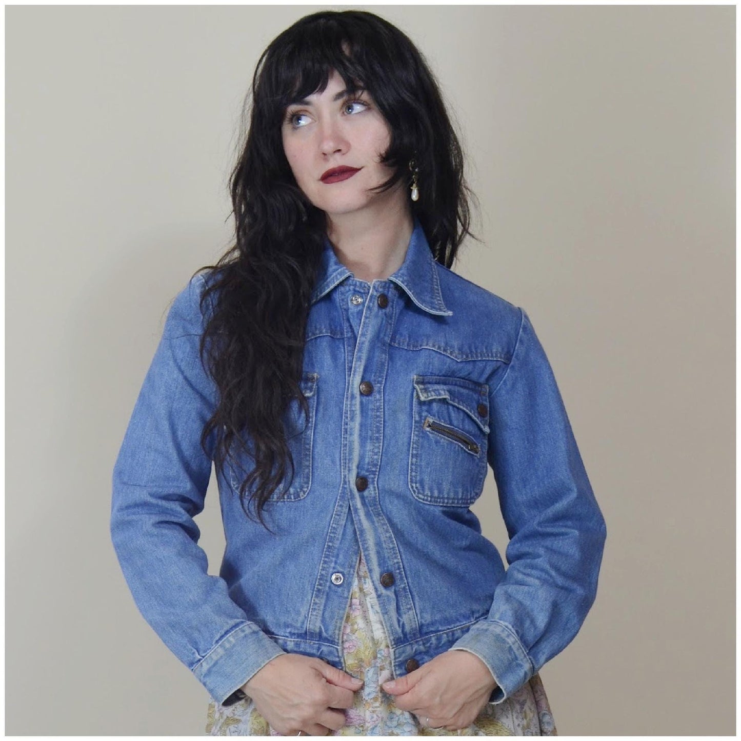 1960s XS Jean Jacket - Vintage Faded Blue Snap Button Faded Denim Coat