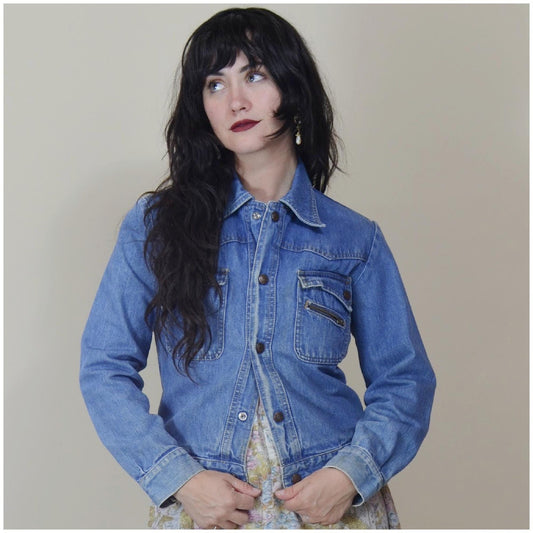 1960s XS Jean Jacket - Vintage Faded Blue Snap Button Faded Denim Coat