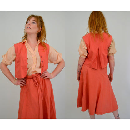 1960s Small 3-Piece Set Skirt Vest and Blouse - Vintage Puff Sleeve Blouse with Cropped Button-up Vest and Paperbag Waist Skirt Dress Set