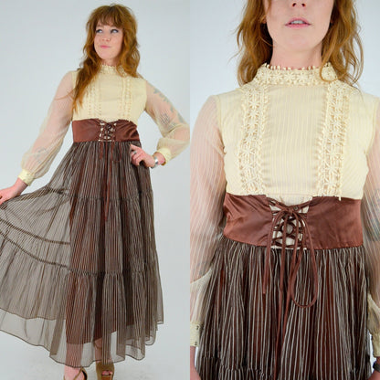 1960s XS Maxi Dress – Vintage Boho Hippie Butter Yellow Lace Bodice with Brown Striped Tiered Maxi Skirt + Laceup Brown Belt