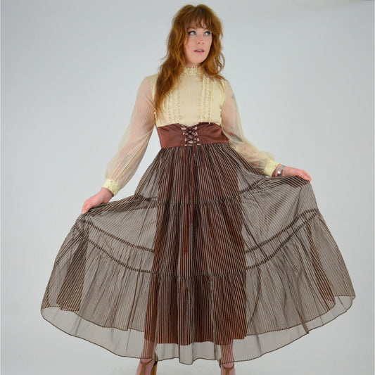 1960s XS Maxi Dress – Vintage Boho Hippie Butter Yellow Lace Bodice with Brown Striped Tiered Maxi Skirt + Laceup Brown Belt