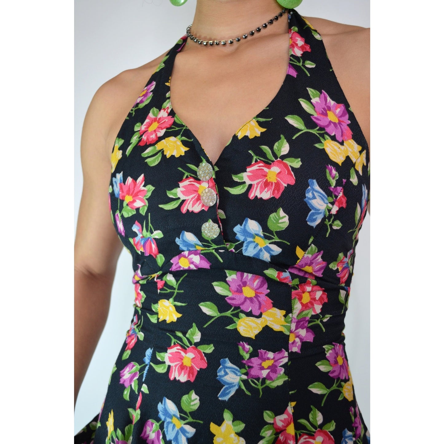 Vintage Small BETSEY JOHNSON Mini Dress - Pin-up Girl Bright Floral Flower Print Halter Top Dress