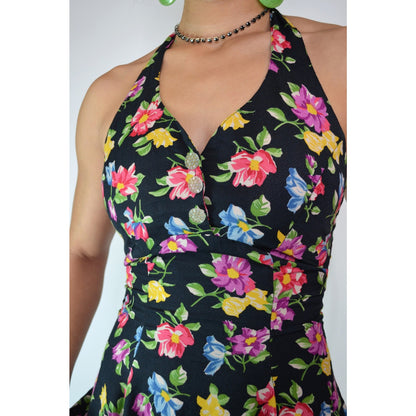 Vintage Small BETSEY JOHNSON Mini Dress - Pin-up Girl Bright Floral Flower Print Halter Top Dress