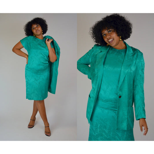 1980s Medium Two Piece Silk Set - Vintage Business Casual Bold Officewear Floral Teal Turqoise Short-Sleeve Dress + Matching Blazer