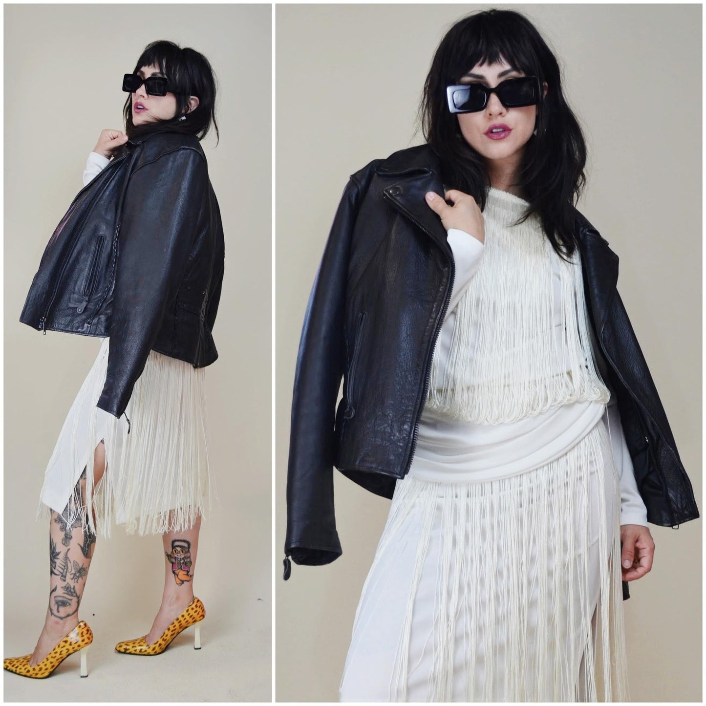 1990s Large Motorcycle Jacket – Vintage Zipper Daggar Collar Black Leather Moto Jacket