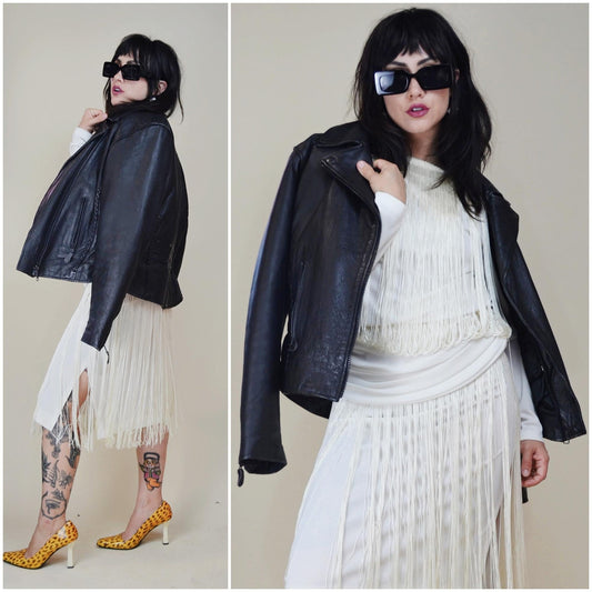 1990s Large Motorcycle Jacket – Vintage Zipper Daggar Collar Black Leather Moto Jacket