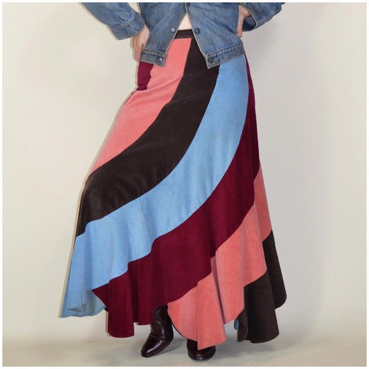 1970s 27 Waist Corduroy Skirt – Vintage Hippie Striped Pink Maxi Skirt