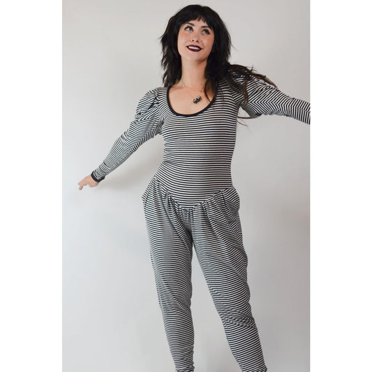 1980s Small BETSEY JOHNSON PUNK Jumpsuit – Vintage Punk Label Black White Striped Drop Waist Puffed Long Sleeve Knit Jumpsuit