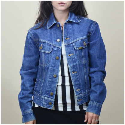 1970s Small LEE Jean Jacket - Vintage Button Down Dark Denim Coat