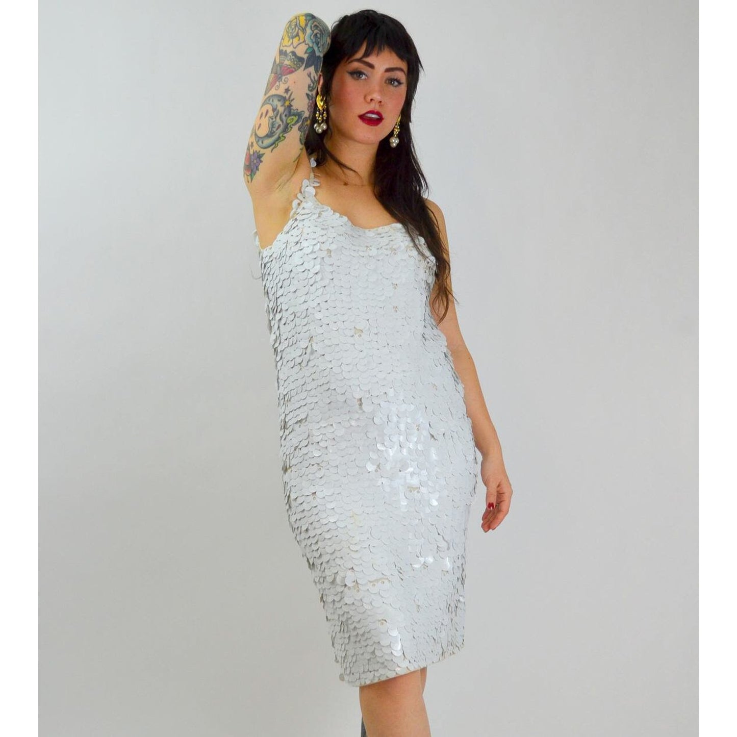 1960s Medium GENE SHELLY Sequin Dress – Vintage White Wiggle Hourglass Cocktail Dress