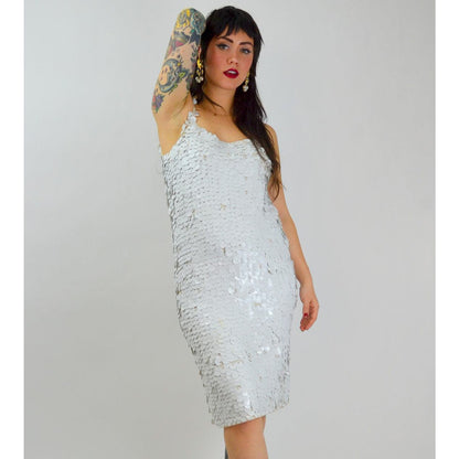 1960s Medium GENE SHELLY Sequin Dress – Vintage White Wiggle Hourglass Cocktail Dress
