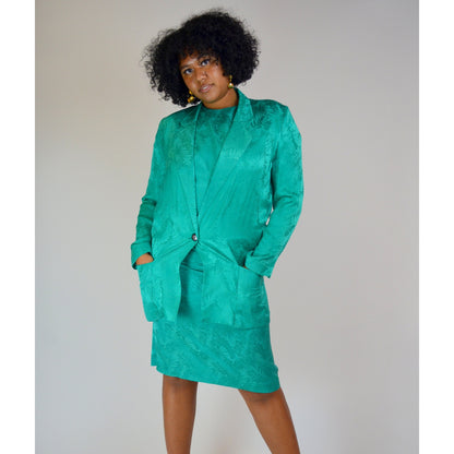 1980s Medium Two Piece Silk Set - Vintage Business Casual Bold Officewear Floral Teal Turqoise Short-Sleeve Dress + Matching Blazer