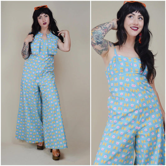1960s Medium Jumpsuit Set - Vintage Baby Blue Ditsy Floral Cotton Wide Leg Pants with Matching Cropped Vest