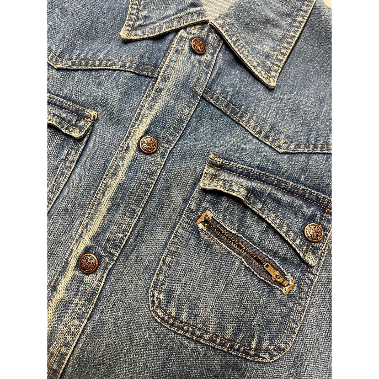 1960s XS Jean Jacket - Vintage Faded Blue Snap Button Faded Denim Coat
