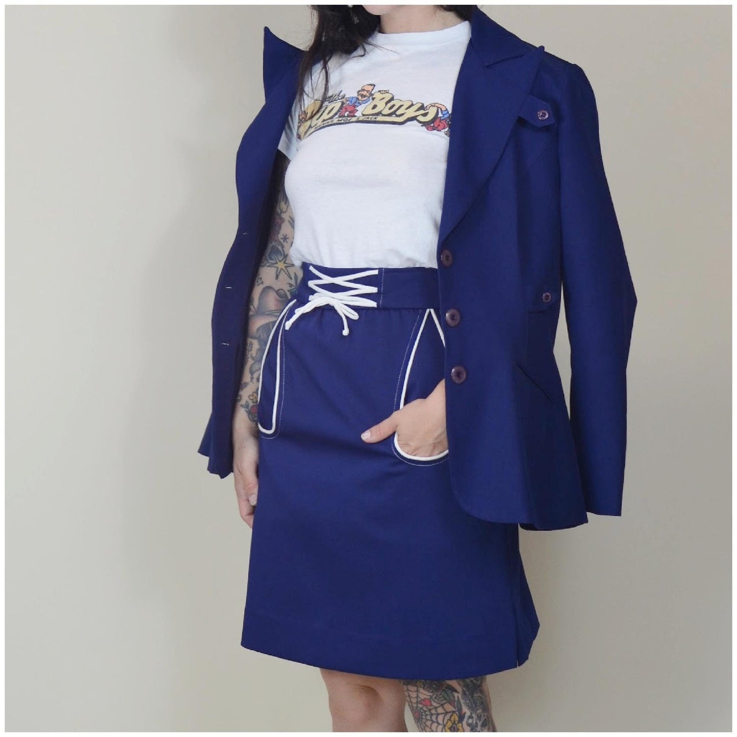 1970s XS Navy Blazer - Vintage Fitted Blue Daggar Collar "Got the Hot for Wendy Watts" Jacket