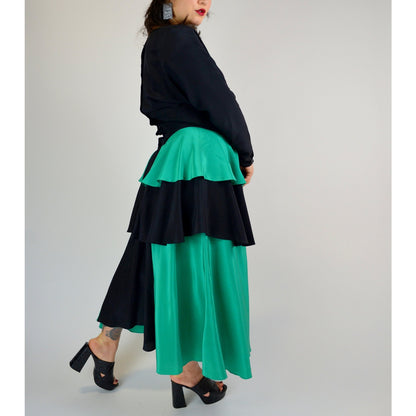 1980s Medium Silk Dress - Vintage Black and Teal Long Sleeve Coquette Bow New Wave Maxi Dress