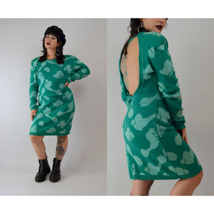 1980 XL BETSEY JOHNSON Sweater Dress – Vintage Punk Label Knit Foot Print Knee-Length Dress