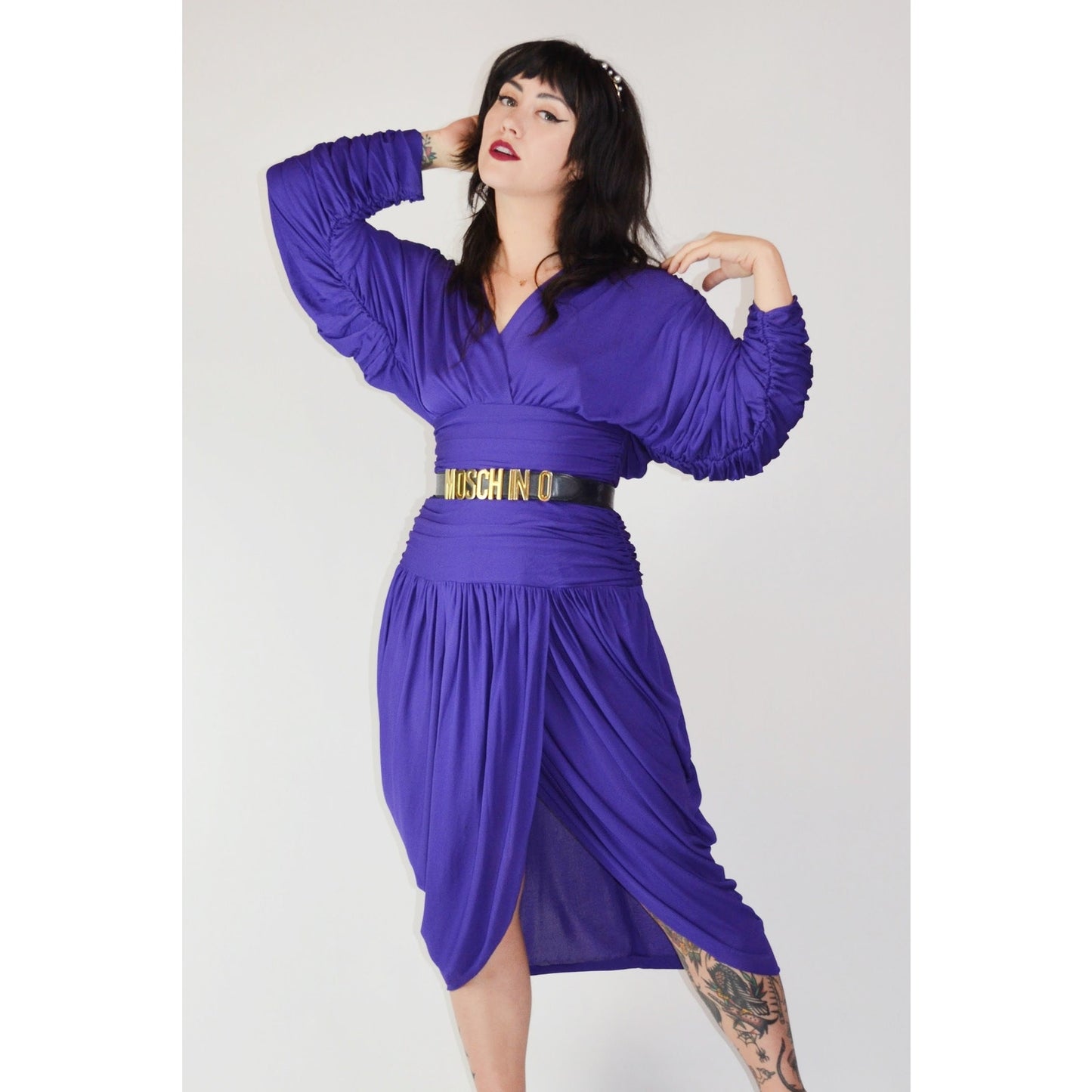 1980s Medium VICKY TIEL Dress – Vintage Purple Designer Ruched Draped Tulip Skirt Cocktail Dress