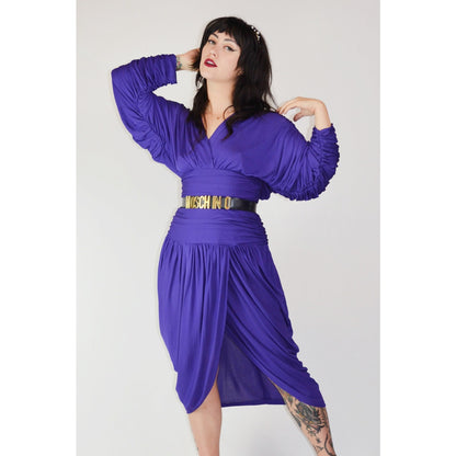 1980s Medium VICKY TIEL Dress – Vintage Purple Designer Ruched Draped Tulip Skirt Cocktail Dress