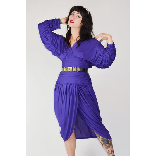 1980s Medium VICKY TIEL Dress – Vintage Purple Designer Ruched Draped Tulip Skirt Cocktail Dress