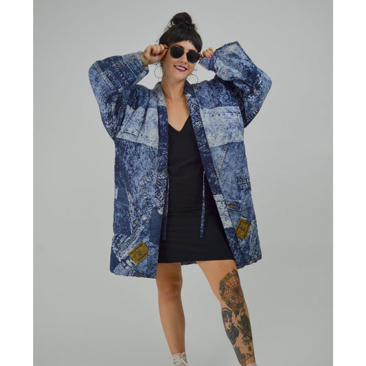 1980s Large Patchwork Jacket – Vintage Faux Japanese Denim Kimono Oversized Denim Print Coat