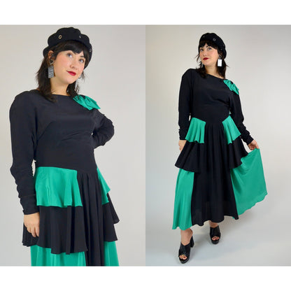 1980s Medium Silk Dress - Vintage Black and Teal Long Sleeve Coquette Bow New Wave Maxi Dress