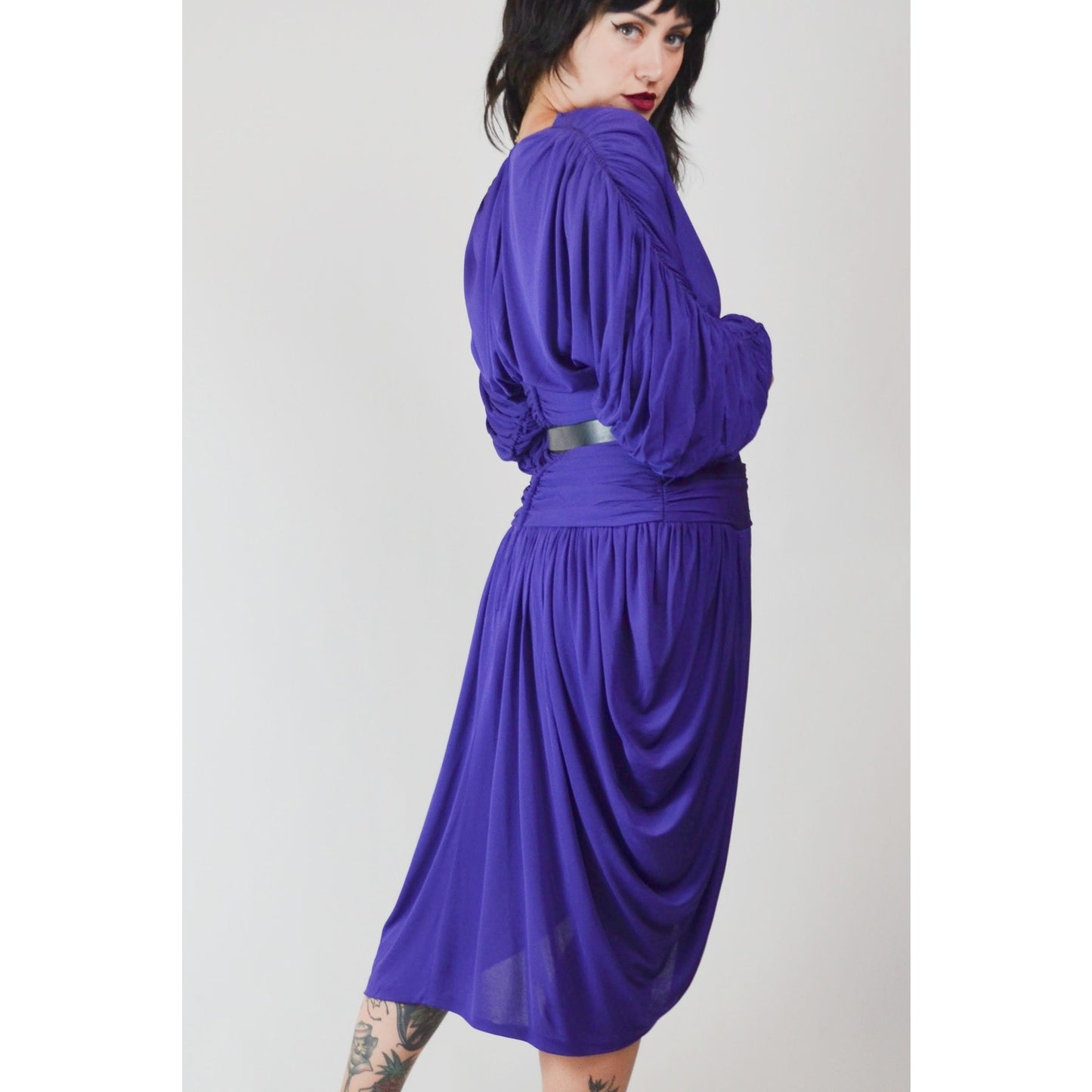 1980s Medium VICKY TIEL Dress – Vintage Purple Designer Ruched Draped Tulip Skirt Cocktail Dress
