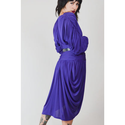1980s Medium VICKY TIEL Dress – Vintage Purple Designer Ruched Draped Tulip Skirt Cocktail Dress