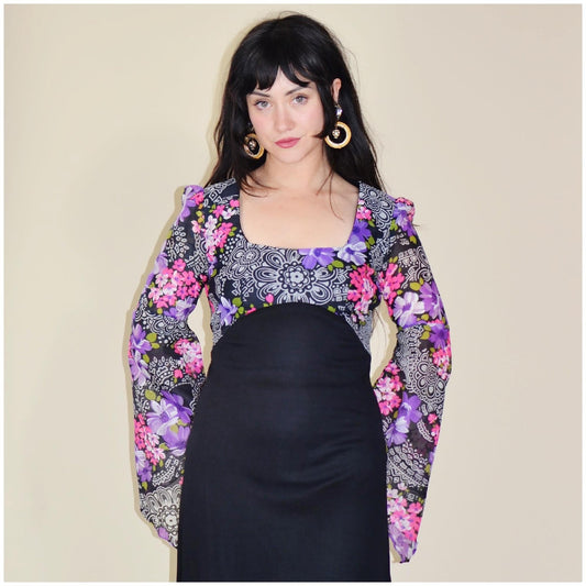 1970s Small Angel Sleeve Dress – Vintage 70s Maxi Whimsy Goth Mod Purple Floral Colorblock Princess Dress