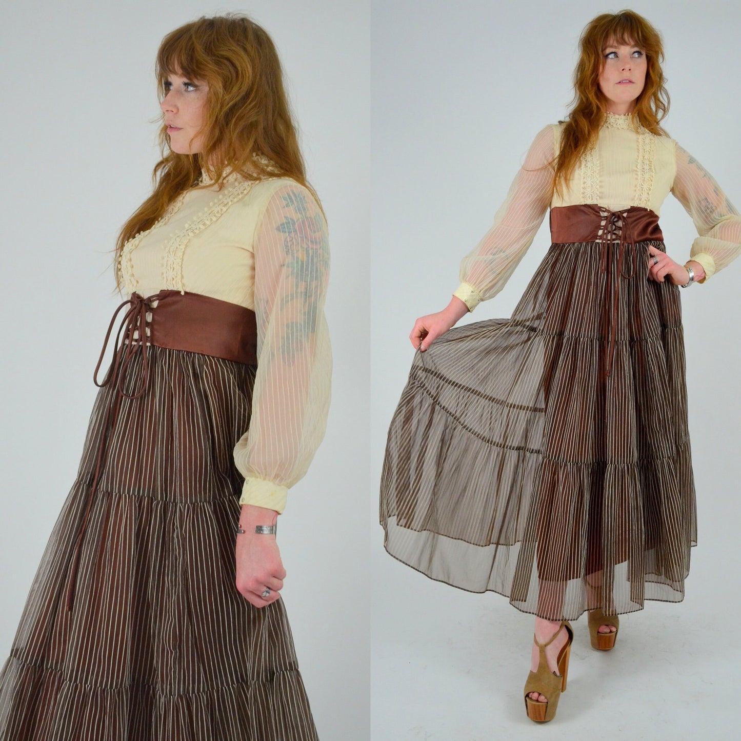 1960s XS Maxi Dress – Vintage Boho Hippie Butter Yellow Lace Bodice with Brown Striped Tiered Maxi Skirt + Laceup Brown Belt