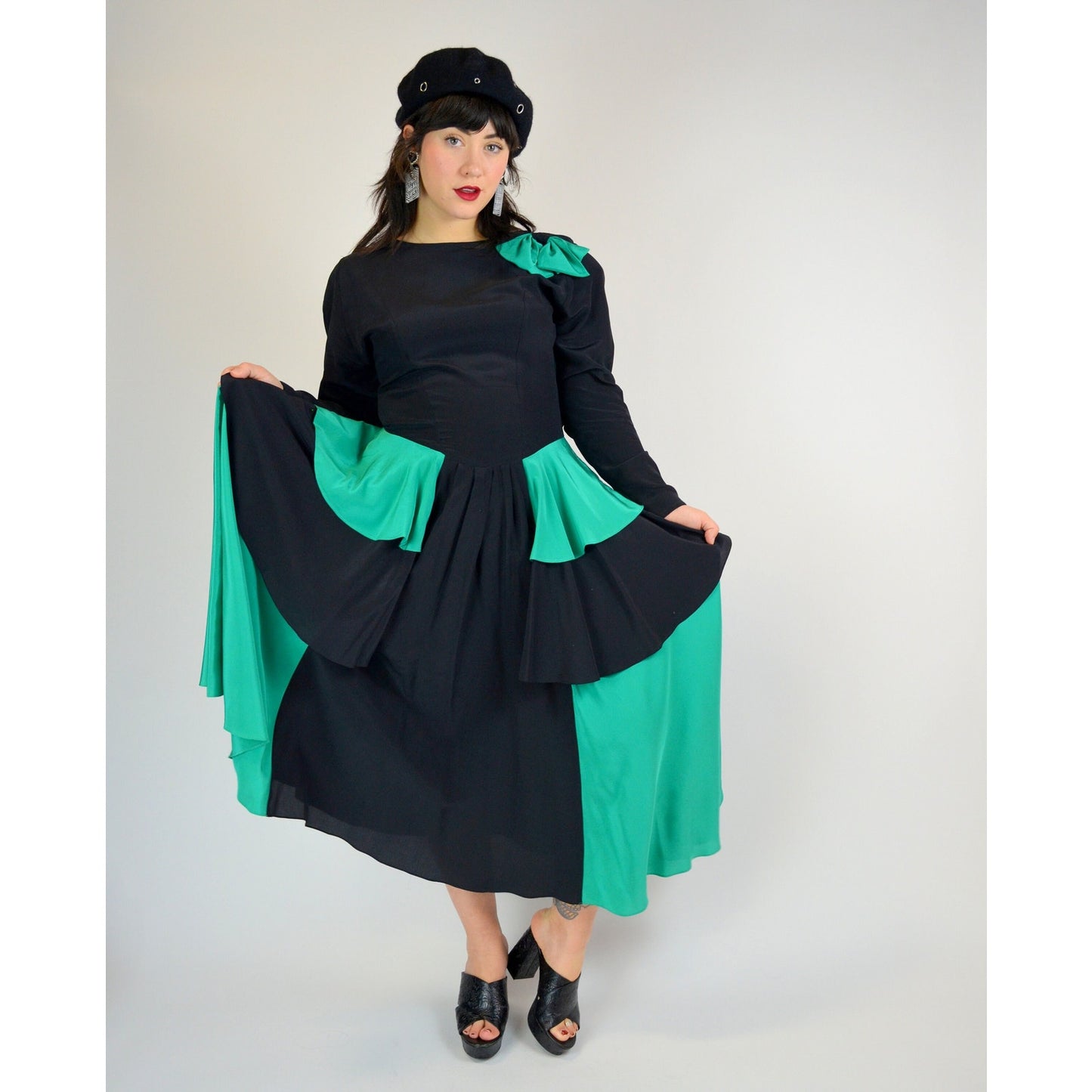 1980s Medium Silk Dress - Vintage Black and Teal Long Sleeve Coquette Bow New Wave Maxi Dress