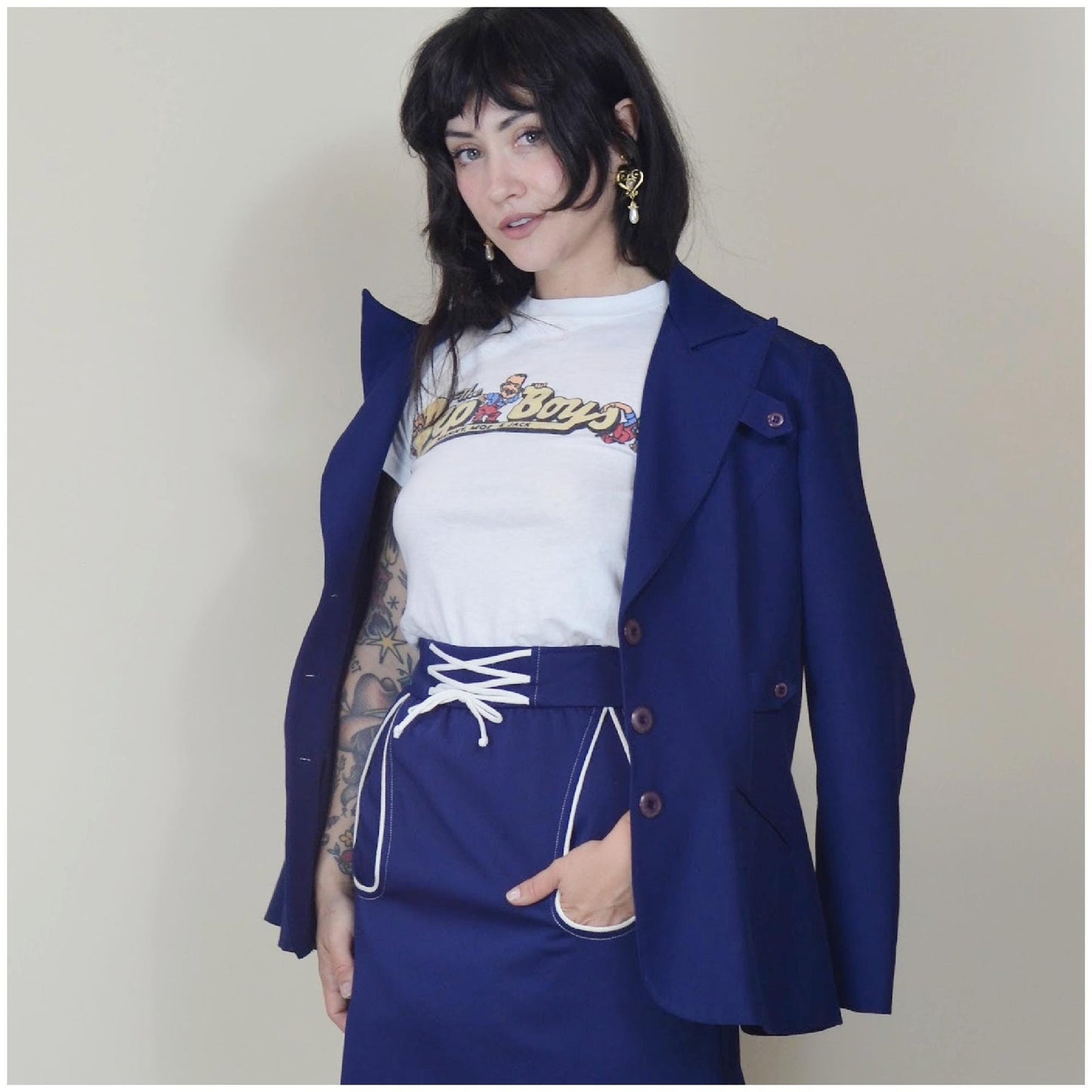1970s XS Navy Blazer - Vintage Fitted Blue Daggar Collar "Got the Hot for Wendy Watts" Jacket