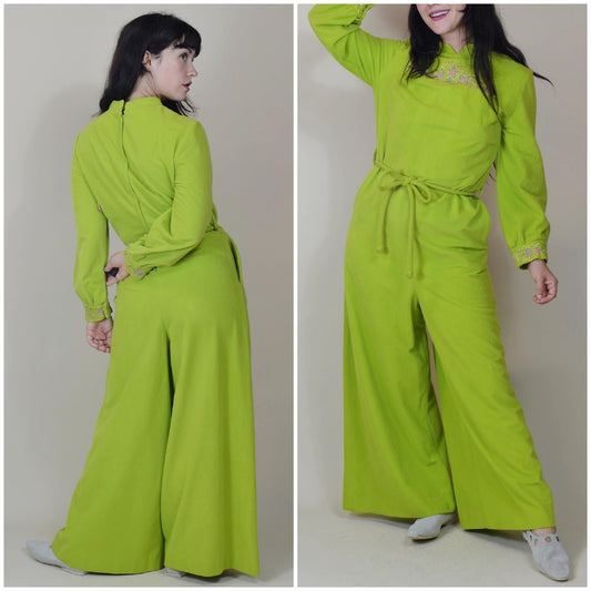1960s Medium Jumpsuit - Vintage Bold Lime Green Wide Leg Pants One-Piece Set