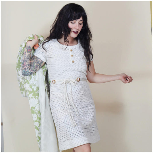 1960s Small Shift Dress - Vintage Open Weave Mini White Crochet Short Sleeve Dress