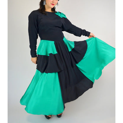 1980s Medium Silk Dress - Vintage Black and Teal Long Sleeve Coquette Bow New Wave Maxi Dress