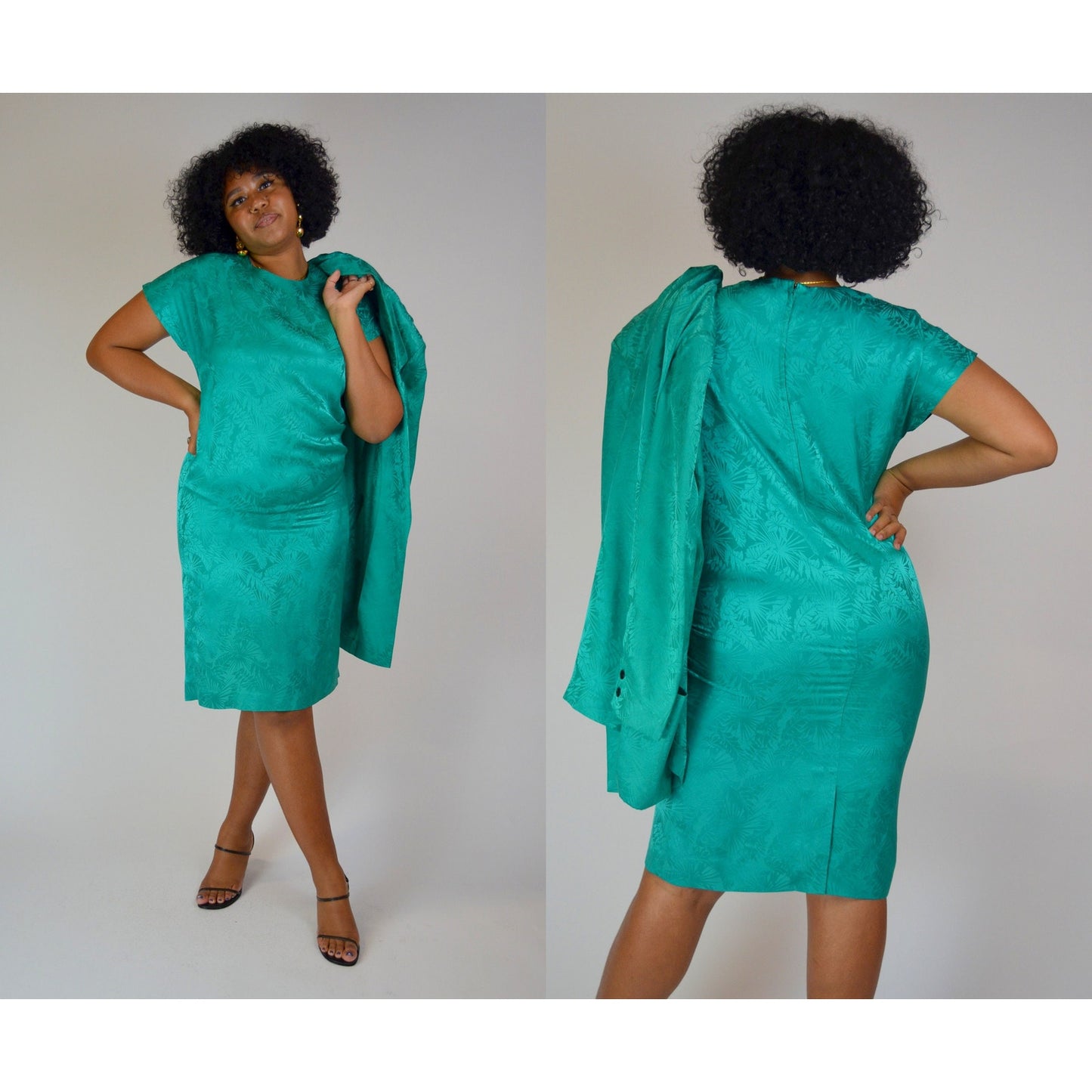 1980s Medium Two Piece Silk Set - Vintage Business Casual Bold Officewear Floral Teal Turqoise Short-Sleeve Dress + Matching Blazer