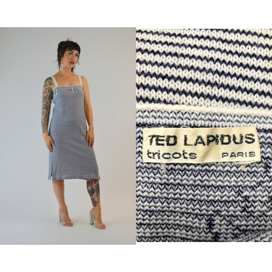1970s Medium TED LAPIDUS Midi Dress – Vintage Nautical Fisherman Coastal Striped Navy White Anchor Detail Knit Dress