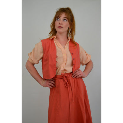 1960s Small 3-Piece Set Skirt Vest and Blouse - Vintage Puff Sleeve Blouse with Cropped Button-up Vest and Paperbag Waist Skirt Dress Set