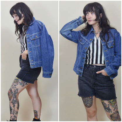 1970s Small LEE Jean Jacket - Vintage Button Down Dark Denim Coat